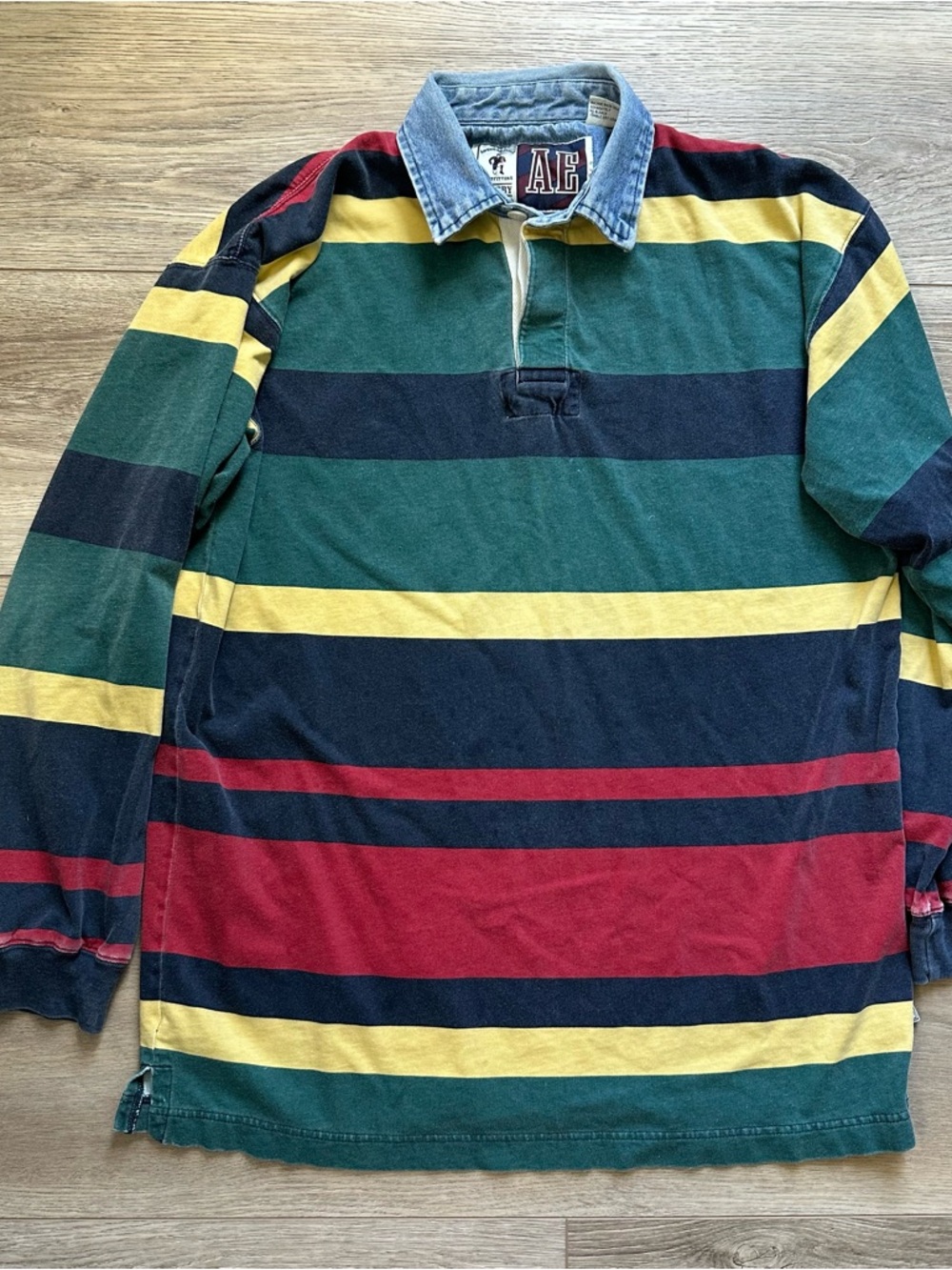 American Eagle Outfitters Rugby Shirt with Green, Navy, Yellow & Red Stripes